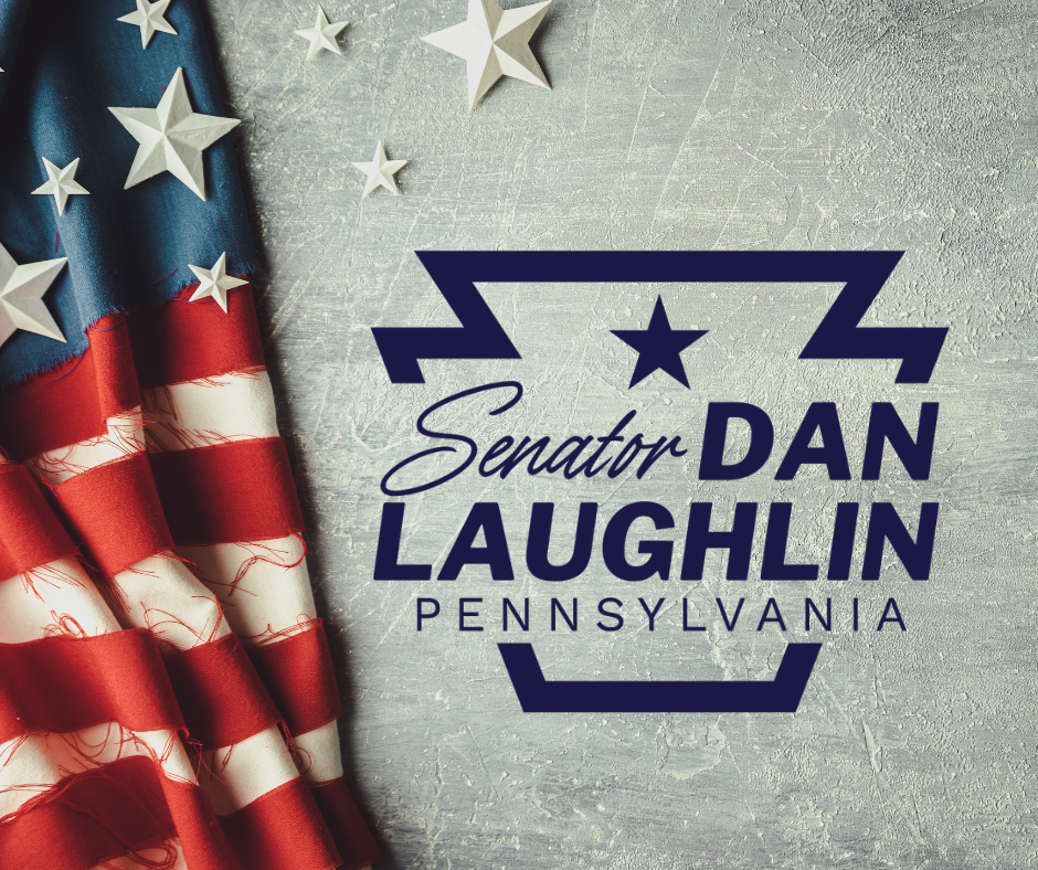 Image of an American flag and Senator Laughlin’s Logo