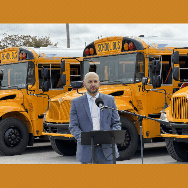 Photos of the new electric buses lined up.