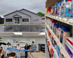 3 photo of a ribbon cutting and a pharmacy