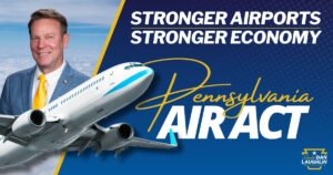 Graphic of the Senator with an airplane and SB 1365