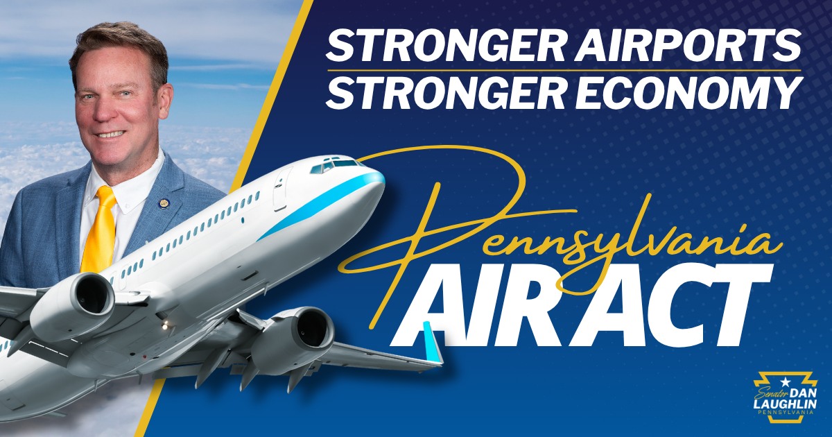 Graphic of the Senator with an airplane and SB 1365